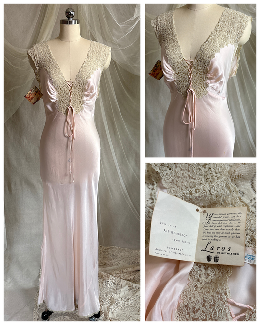 Vintage 1940's Nightgown - Palest Pink Rayon Satin with Drawstring Neckline by Laros - New with Tags | S, M