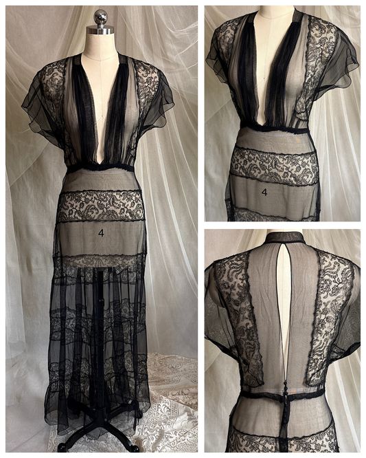 Vintage 1930's Evening Gown - Sheer Black Rayon Chiffon with Chantilly Lace with Open Back | M