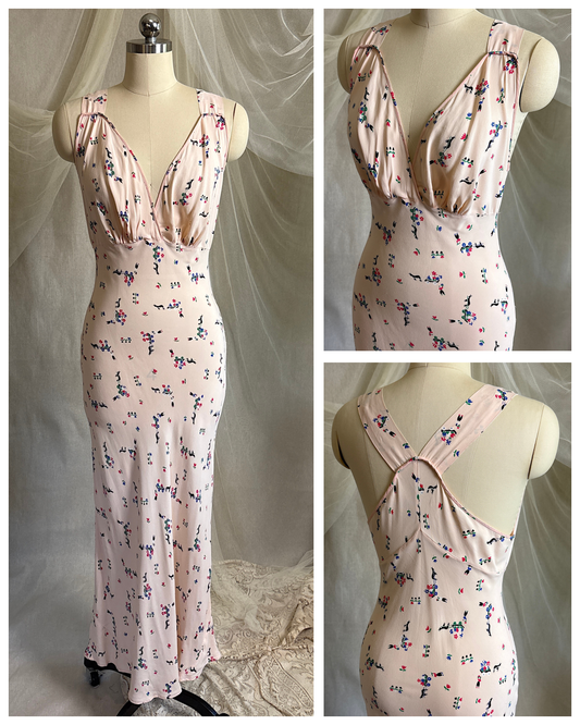 Vintage 1940's Nightgown - Pale Pink Rayon with Scandinavian Folk Floral Print | XXS, XS