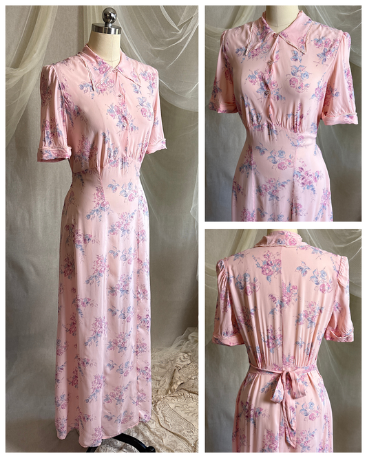 Vintage 1940's Nightgown - Semi Sheer Tea Rose Pink Rayon Chiffon with Floral Print | XS, S