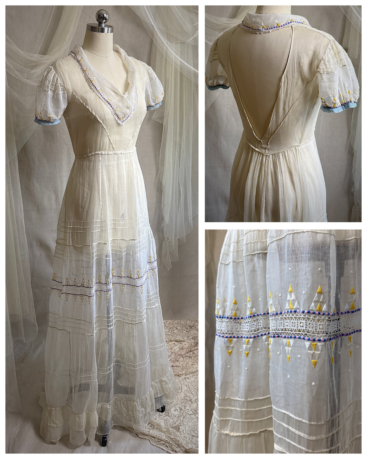Vintage 1930's Dress - Semi-Sheer Bone White Silk Organza with Open Back | XS