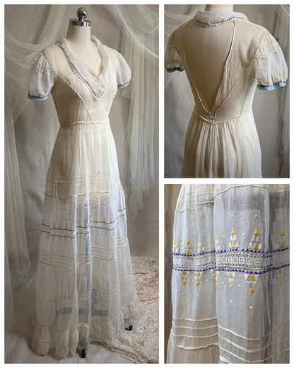 Vintage 1930's Dress - Semi-Sheer Bone White Silk Organza with Open Back | XS