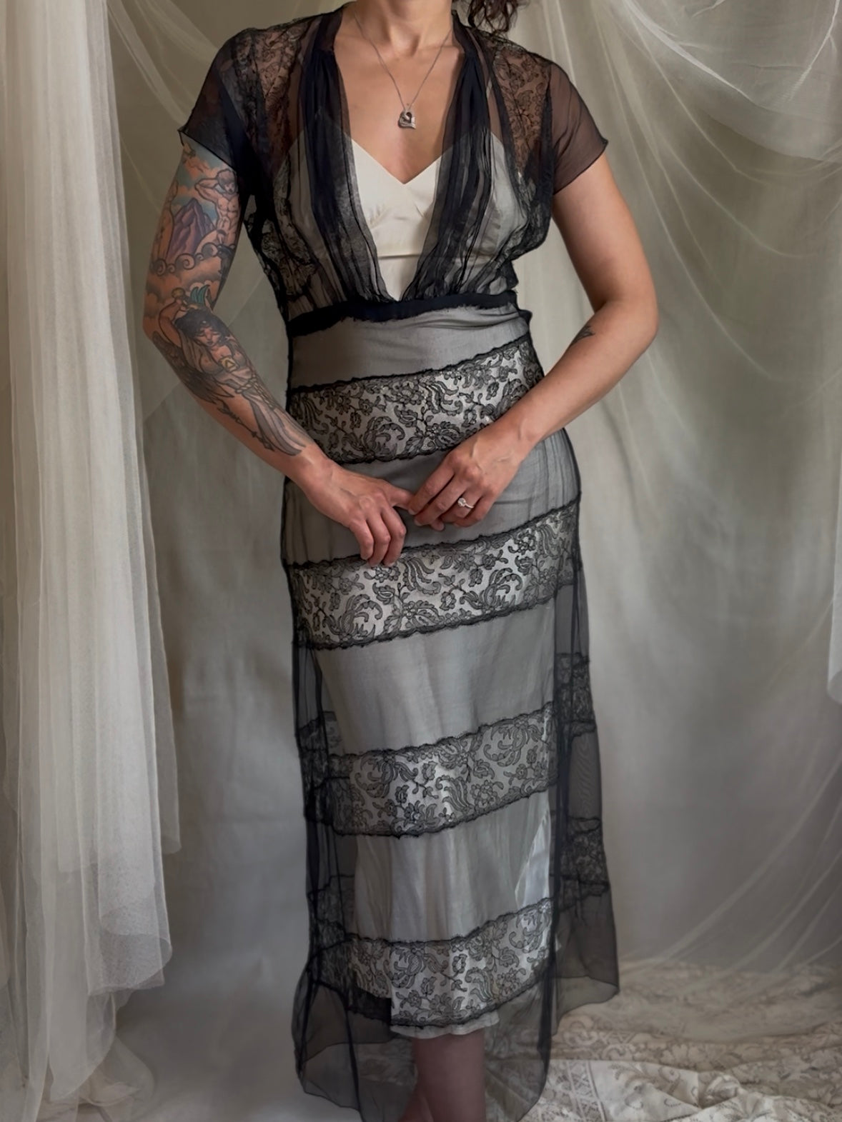 Vintage 1930's Evening Gown - Sheer Black Rayon Chiffon with Chantilly Lace with Open Back | M