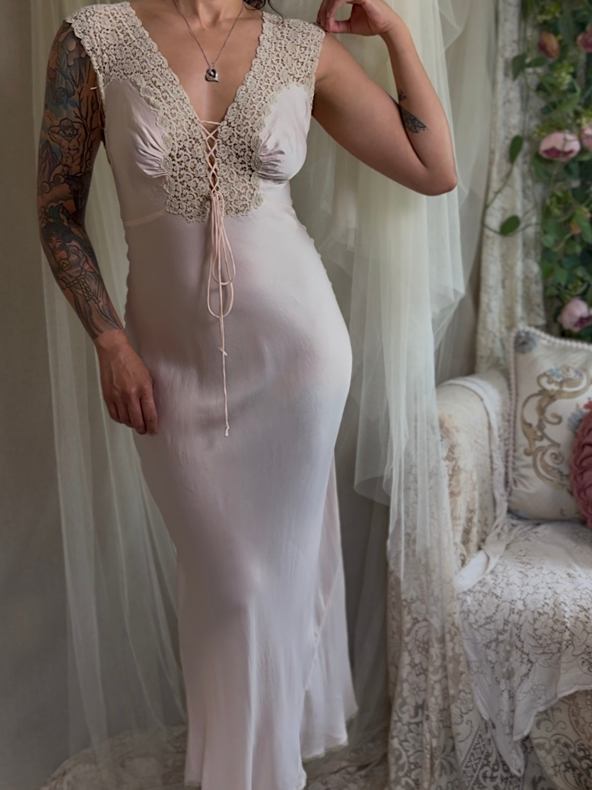 Vintage 1940's Nightgown - Palest Pink Rayon Satin with Drawstring Neckline by Laros - New with Tags | S, M