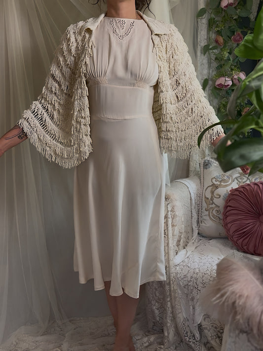 Antique 1920's Shawl - Bone White Silk Chenille Fringe with Taffeta | S, M, LG