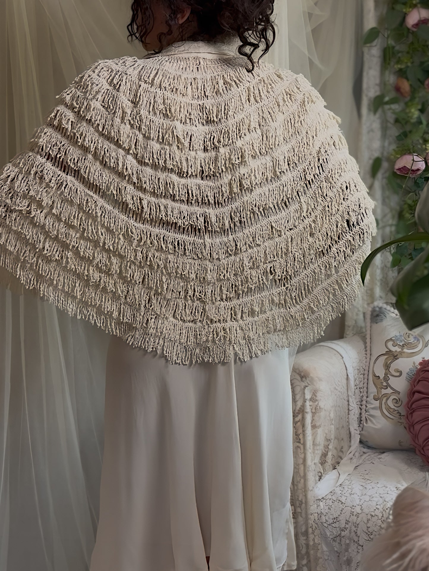 Antique 1920's Shawl - Bone White Silk Chenille Fringe with Taffeta | S, M, LG