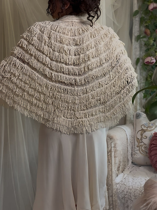 Antique 1920's Shawl - Bone White Silk Chenille Fringe with Taffeta | S, M, LG