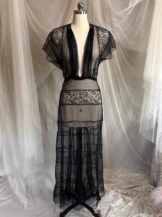 Vintage 1930's Evening Gown - Sheer Black Rayon Chiffon with Chantilly Lace with Open Back | M