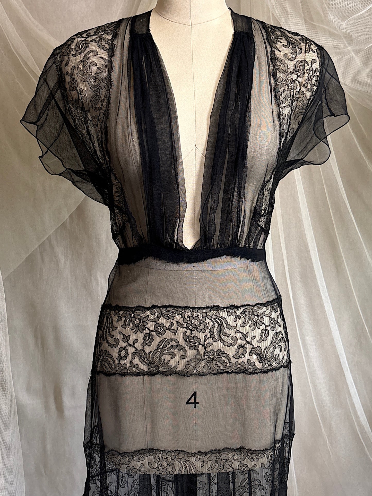 Vintage 1930's Evening Gown - Sheer Black Rayon Chiffon with Chantilly Lace with Open Back | M