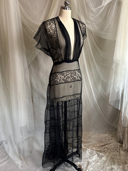 Vintage 1930's Evening Gown - Sheer Black Rayon Chiffon with Chantilly Lace with Open Back | M