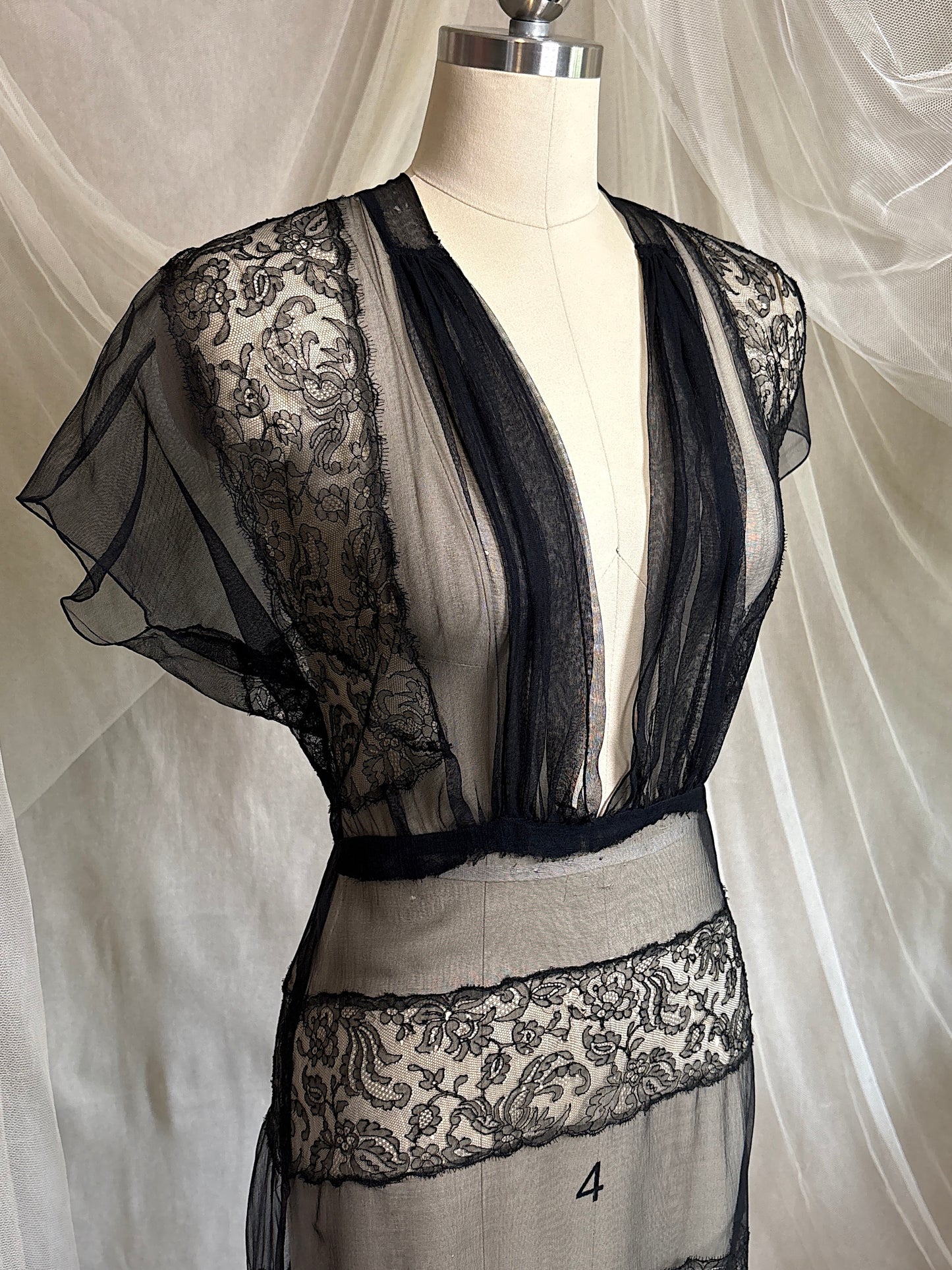 Vintage 1930's Evening Gown - Sheer Black Rayon Chiffon with Chantilly Lace with Open Back | M