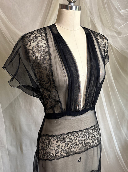 Vintage 1930's Evening Gown - Sheer Black Rayon Chiffon with Chantilly Lace with Open Back | M