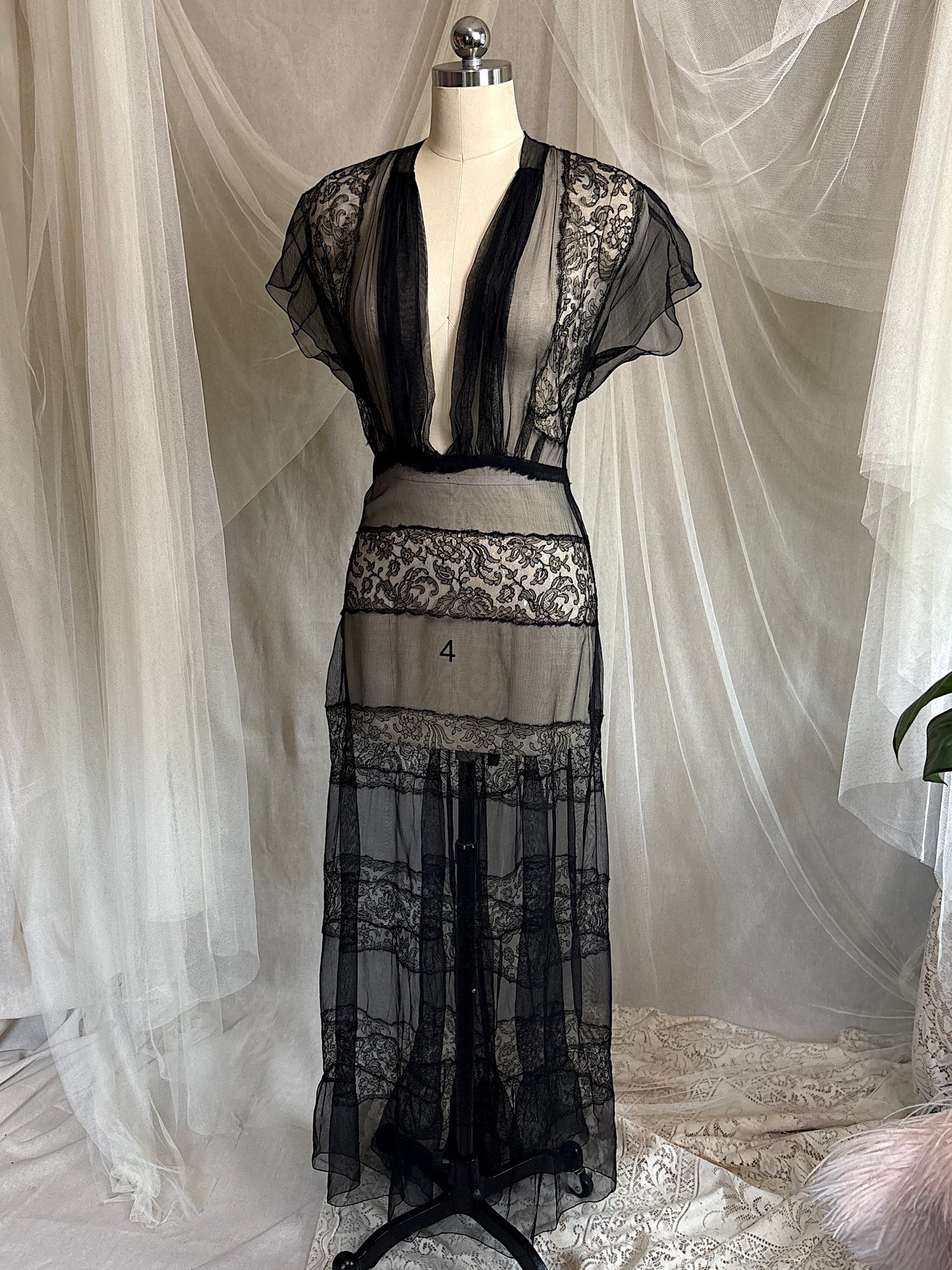 Vintage 1930's Evening Gown - Sheer Black Rayon Chiffon with Chantilly Lace with Open Back | M