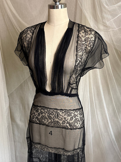 Vintage 1930's Evening Gown - Sheer Black Rayon Chiffon with Chantilly Lace with Open Back | M