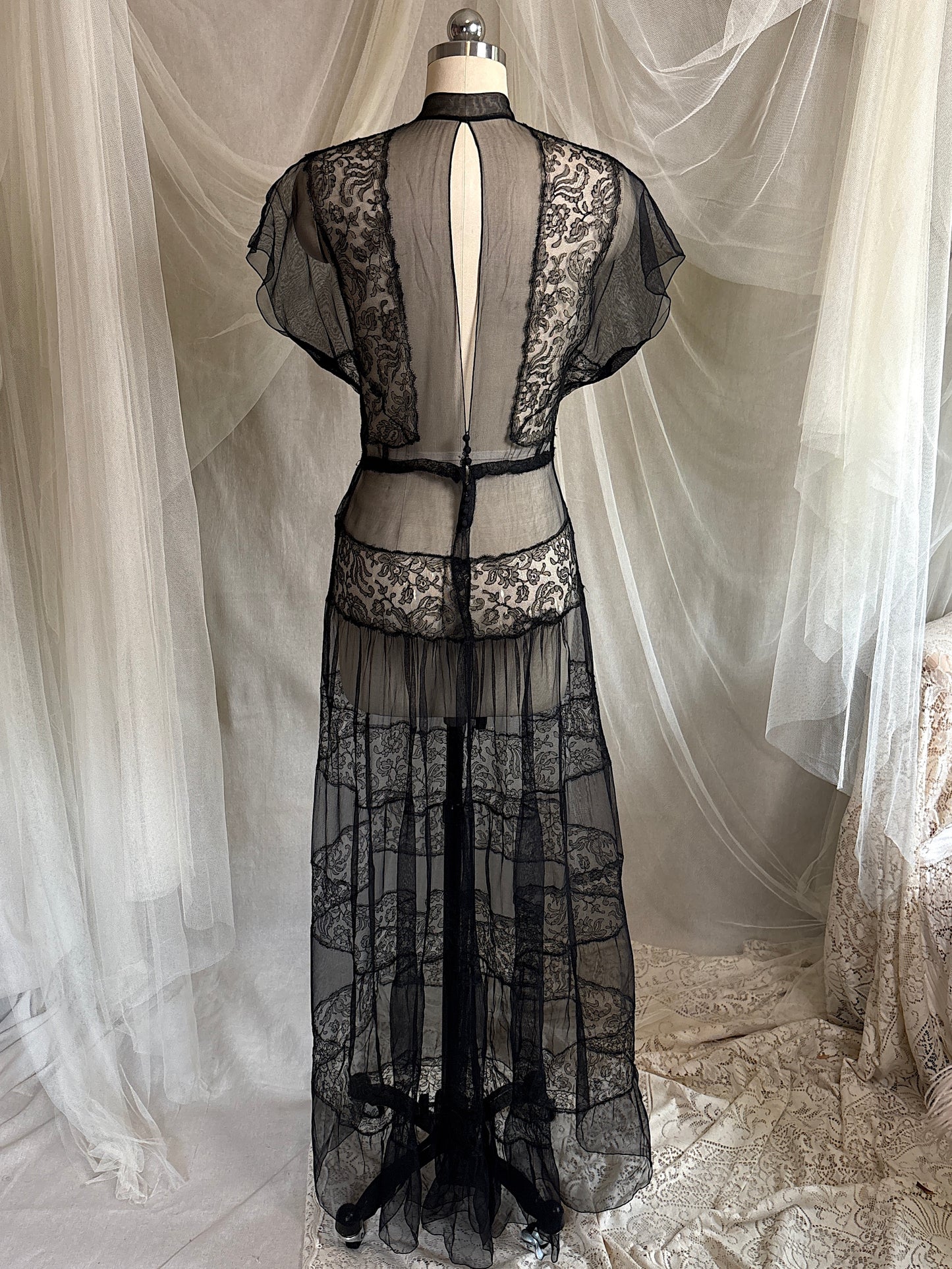 Vintage 1930's Evening Gown - Sheer Black Rayon Chiffon with Chantilly Lace with Open Back | M