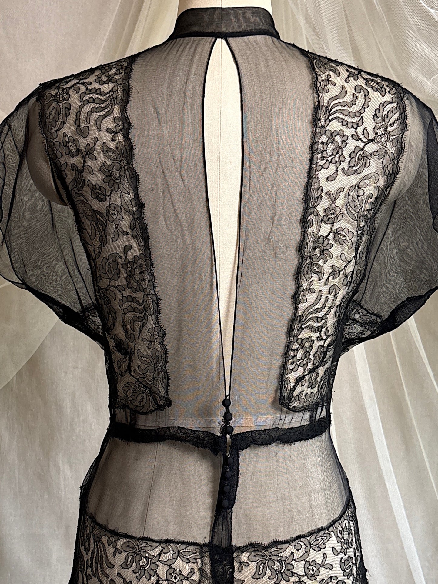 Vintage 1930's Evening Gown - Sheer Black Rayon Chiffon with Chantilly Lace with Open Back | M