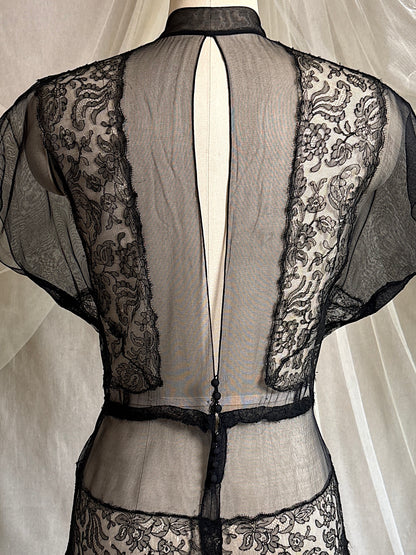 Vintage 1930's Evening Gown - Sheer Black Rayon Chiffon with Chantilly Lace with Open Back | M