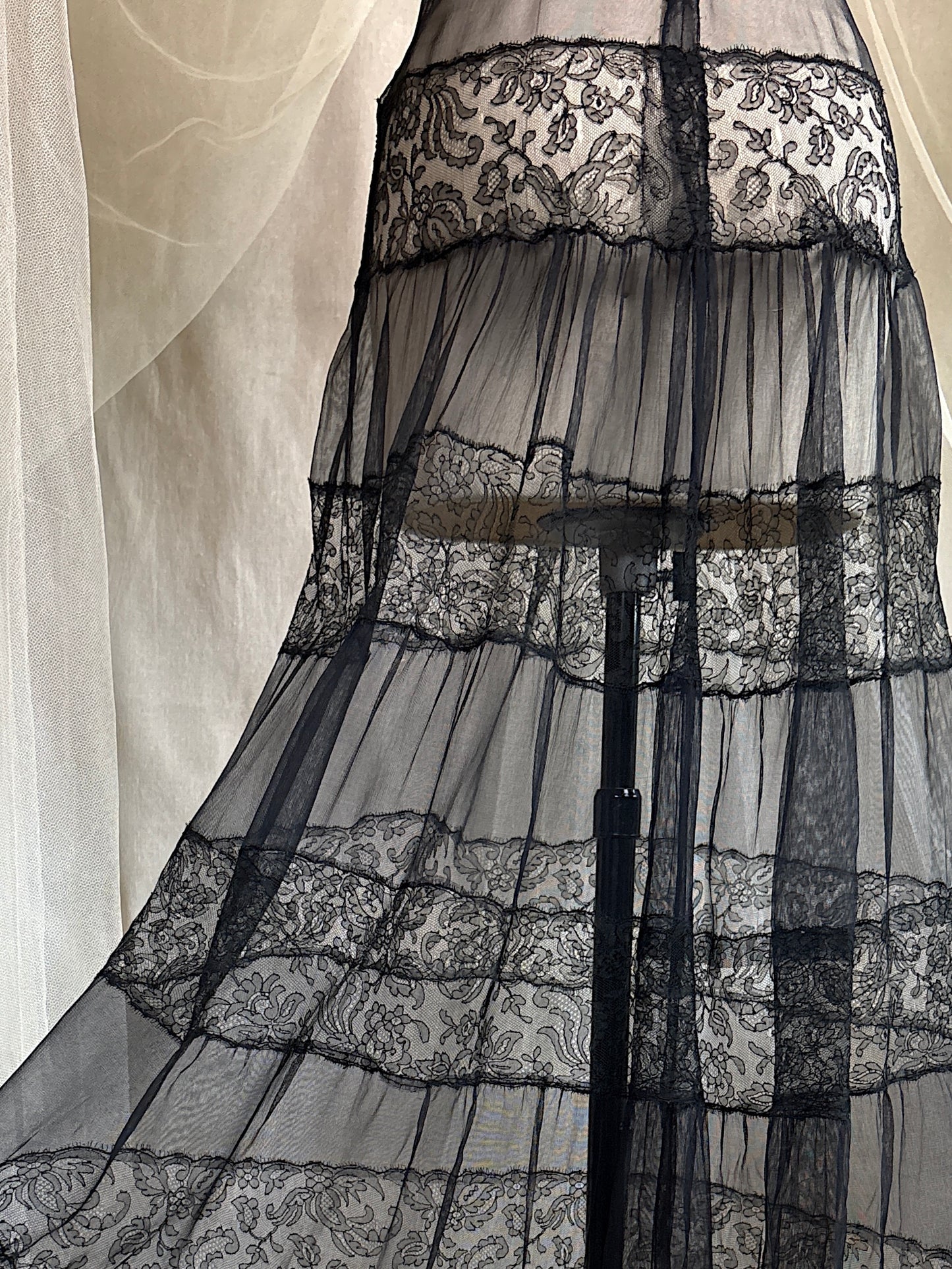 Vintage 1930's Evening Gown - Sheer Black Rayon Chiffon with Chantilly Lace with Open Back | M