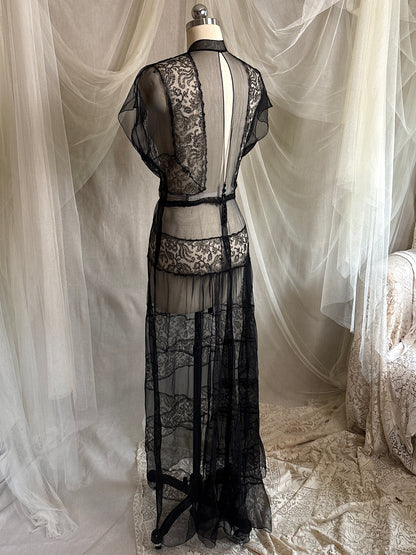 Vintage 1930's Evening Gown - Sheer Black Rayon Chiffon with Chantilly Lace with Open Back | M