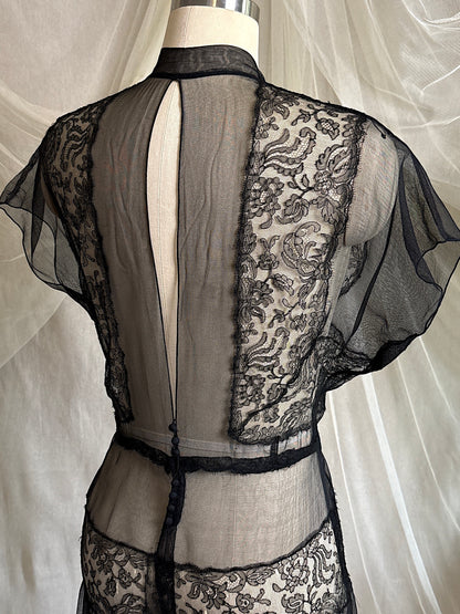 Vintage 1930's Evening Gown - Sheer Black Rayon Chiffon with Chantilly Lace with Open Back | M