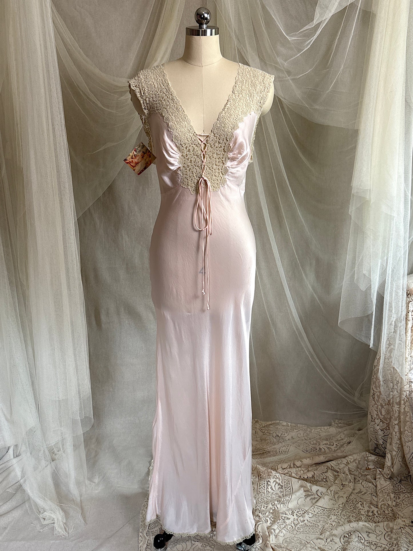 Vintage 1940's Nightgown - Palest Pink Rayon Satin with Drawstring Neckline by Laros - New with Tags | S, M