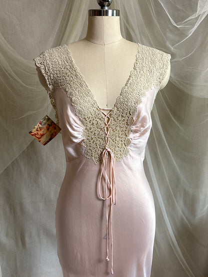Vintage 1940's Nightgown - Palest Pink Rayon Satin with Drawstring Neckline by Laros - New with Tags | S, M