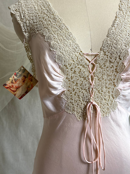 Vintage 1940's Nightgown - Palest Pink Rayon Satin with Drawstring Neckline by Laros - New with Tags | S, M