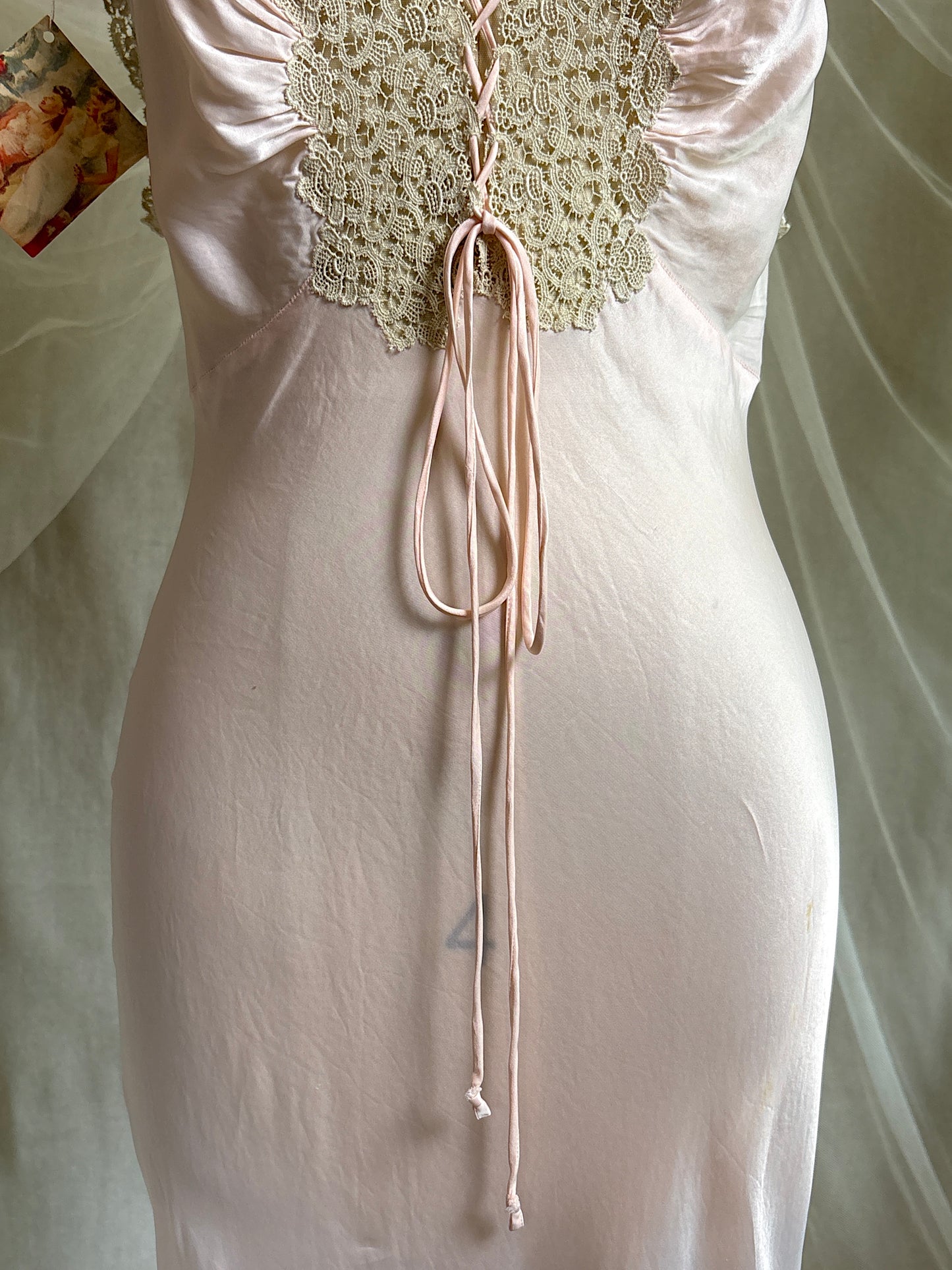 Vintage 1940's Nightgown - Palest Pink Rayon Satin with Drawstring Neckline by Laros - New with Tags | S, M