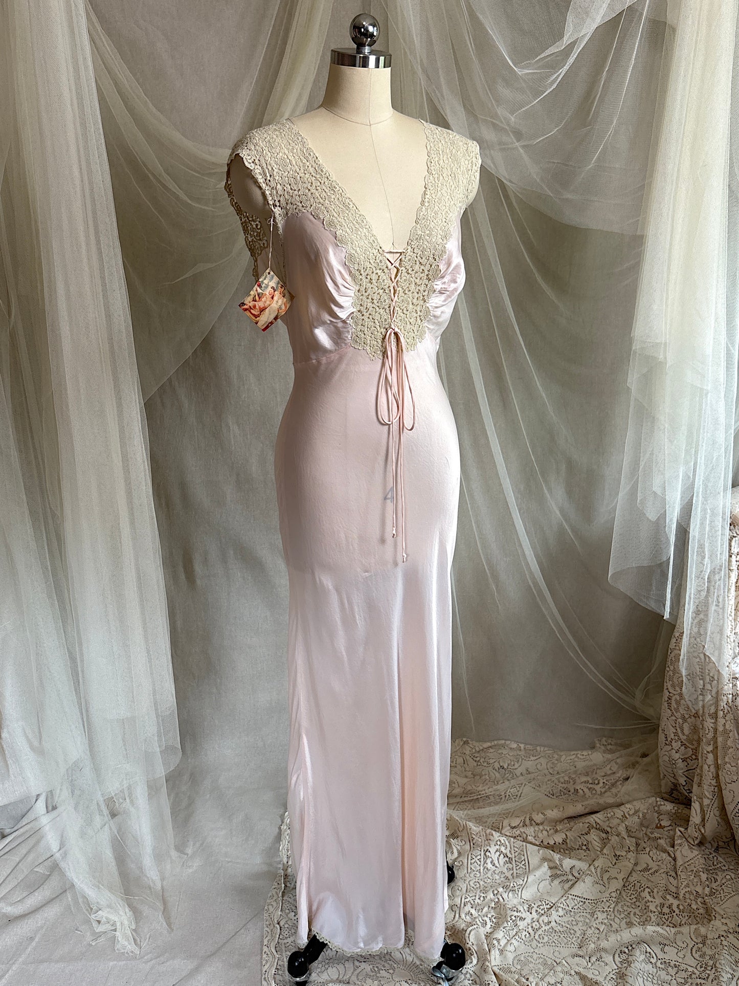 Vintage 1940's Nightgown - Palest Pink Rayon Satin with Drawstring Neckline by Laros - New with Tags | S, M