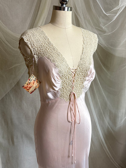 Vintage 1940's Nightgown - Palest Pink Rayon Satin with Drawstring Neckline by Laros - New with Tags | S, M