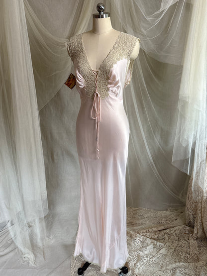 Vintage 1940's Nightgown - Palest Pink Rayon Satin with Drawstring Neckline by Laros - New with Tags | S, M