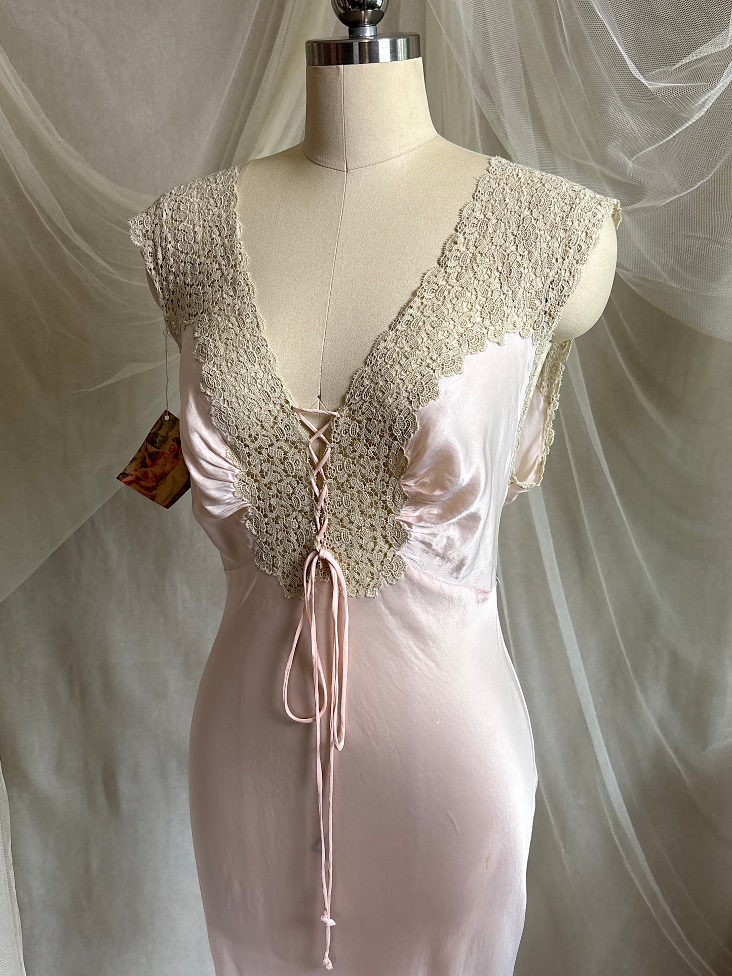 Vintage 1940's Nightgown - Palest Pink Rayon Satin with Drawstring Neckline by Laros - New with Tags | S, M