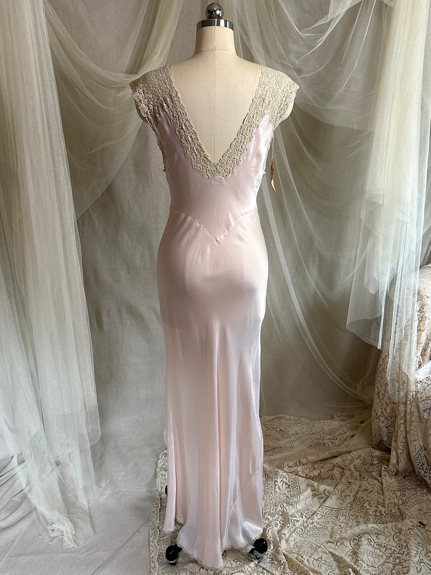 Vintage 1940's Nightgown - Palest Pink Rayon Satin with Drawstring Neckline by Laros - New with Tags | S, M