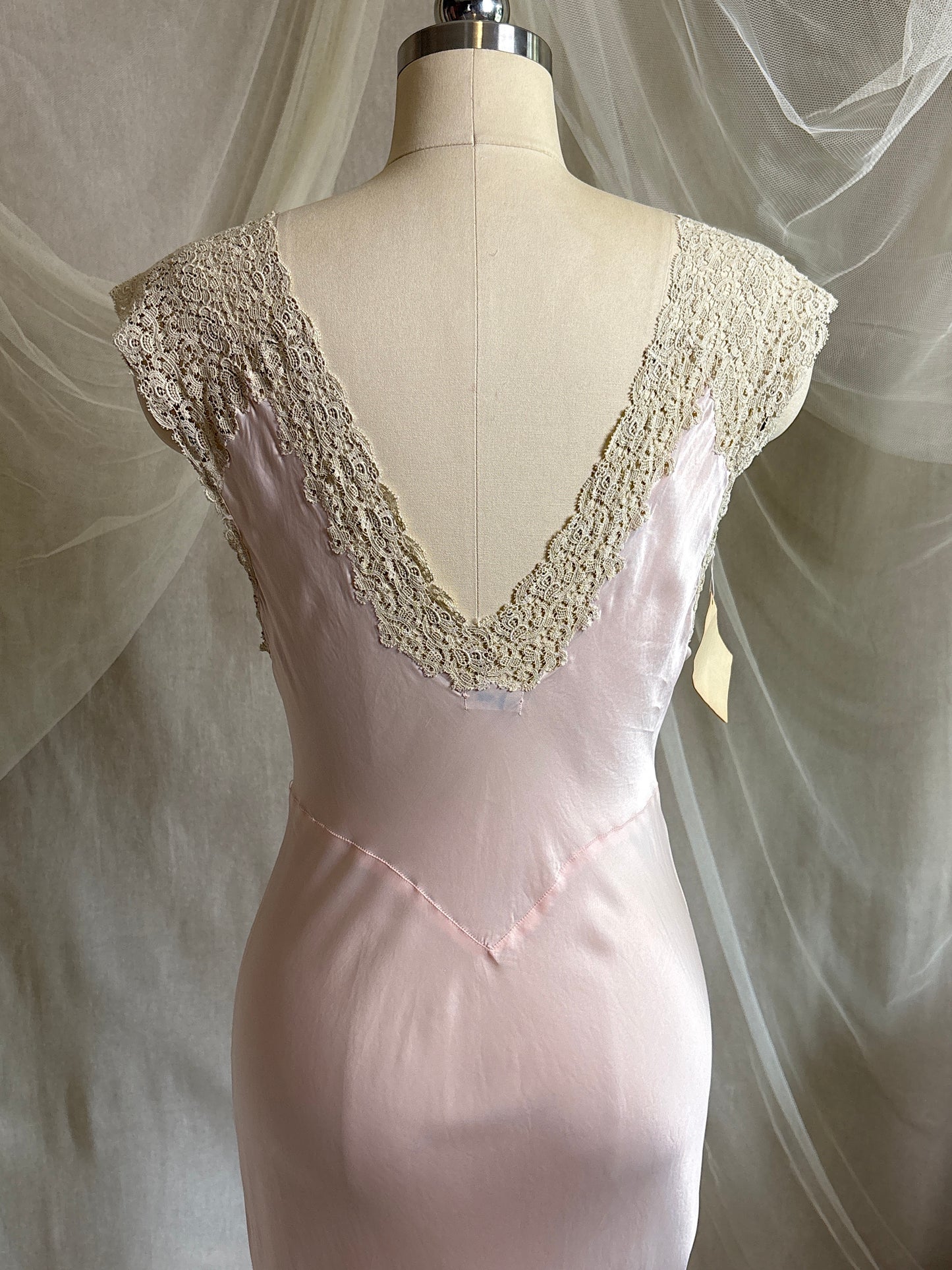 Vintage 1940's Nightgown - Palest Pink Rayon Satin with Drawstring Neckline by Laros - New with Tags | S, M