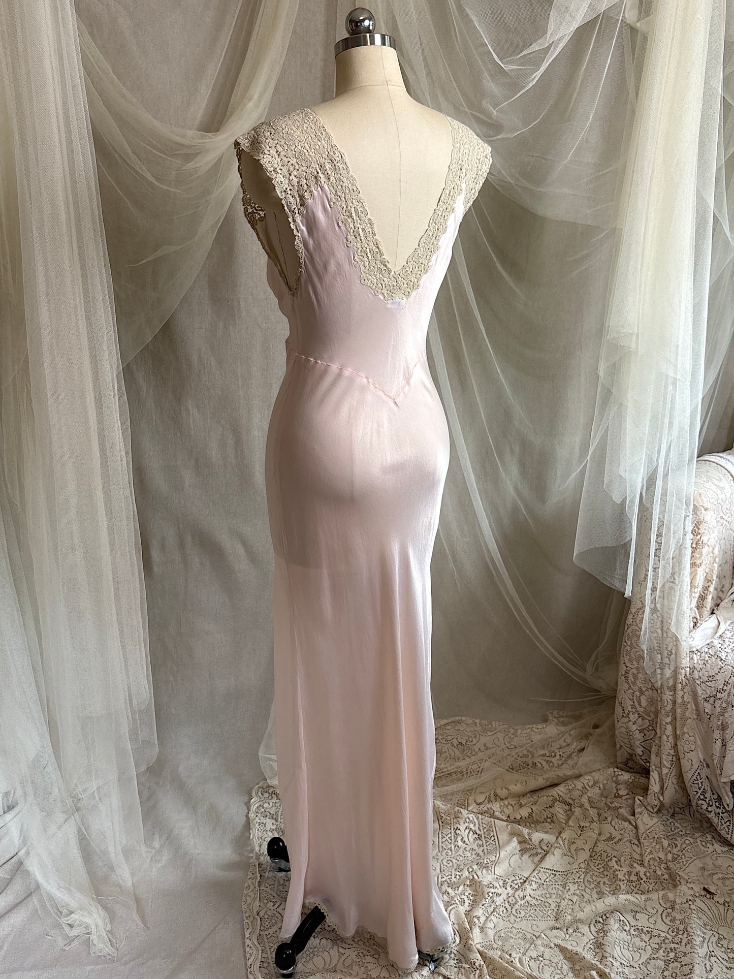 Vintage 1940's Nightgown - Palest Pink Rayon Satin with Drawstring Neckline by Laros - New with Tags | S, M