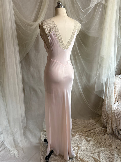 Vintage 1940's Nightgown - Palest Pink Rayon Satin with Drawstring Neckline by Laros - New with Tags | S, M
