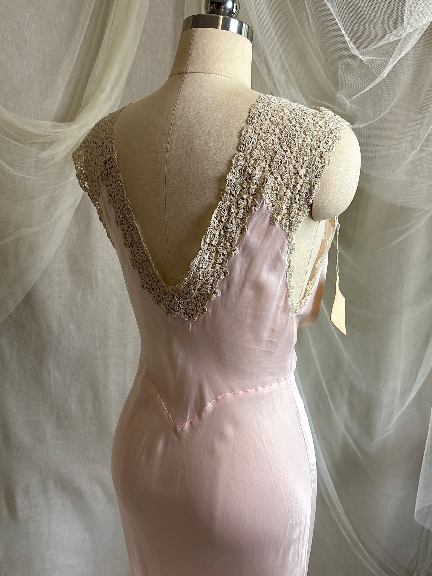Vintage 1940's Nightgown - Palest Pink Rayon Satin with Drawstring Neckline by Laros - New with Tags | S, M