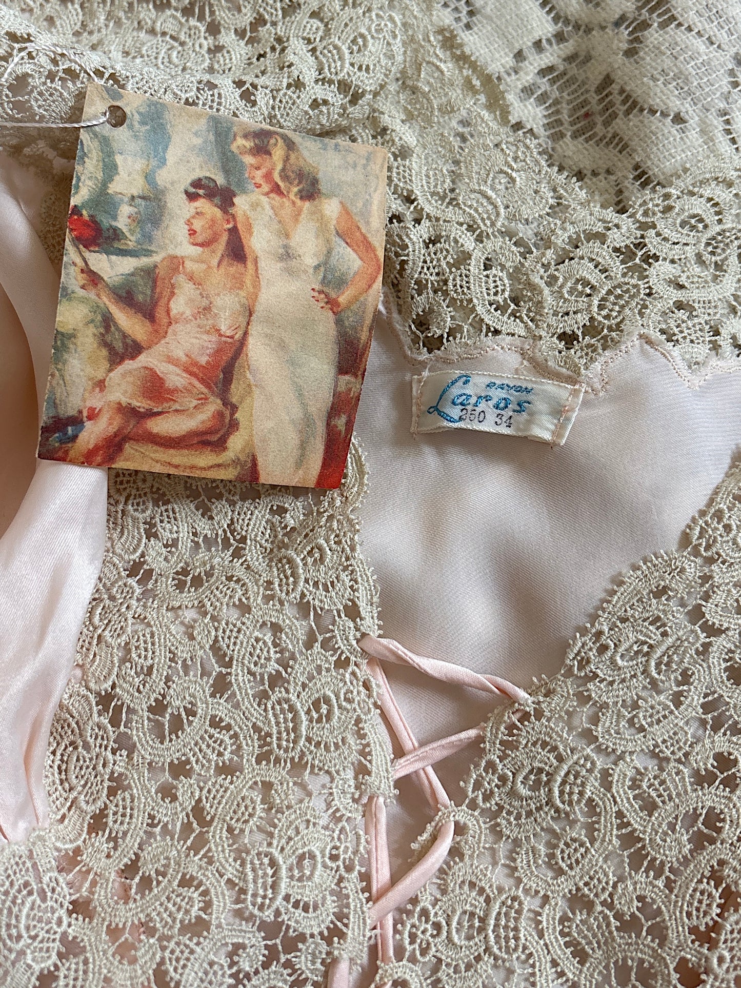 Vintage 1940's Nightgown - Palest Pink Rayon Satin with Drawstring Neckline by Laros - New with Tags | S, M