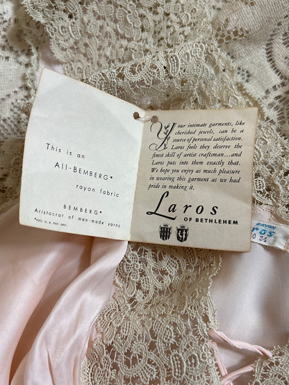 Vintage 1940's Nightgown - Palest Pink Rayon Satin with Drawstring Neckline by Laros - New with Tags | S, M