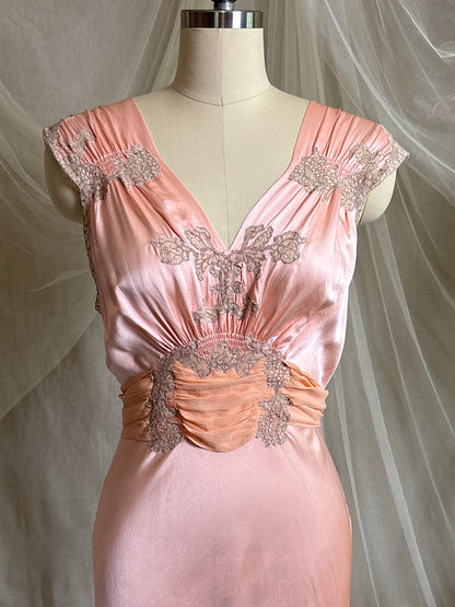 Vintage 1940's Nightgown - Rich Coral Pink Silk Satin with Chiffon Sash | S, M