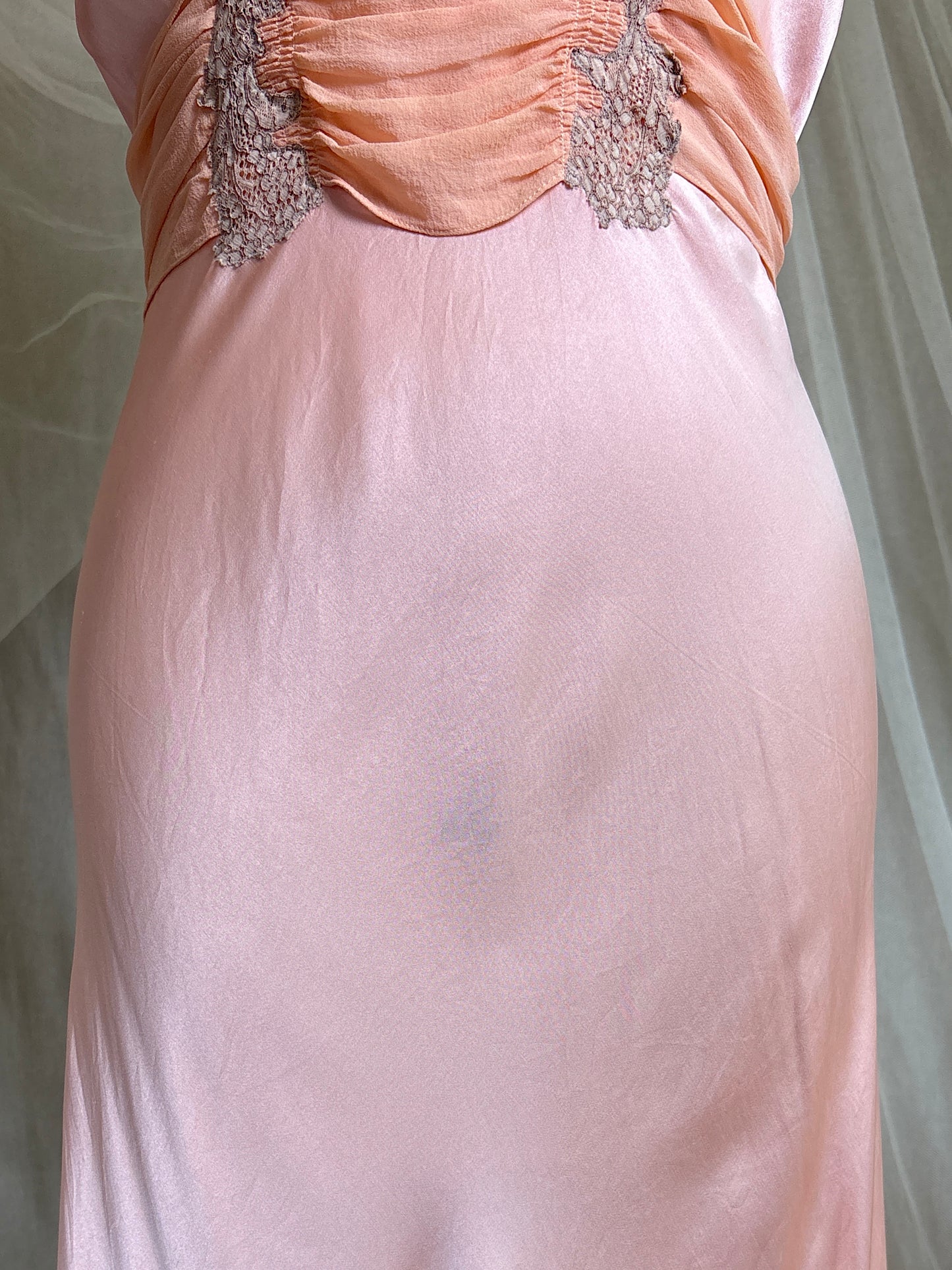 Vintage 1940's Nightgown - Rich Coral Pink Silk Satin with Chiffon Sash | S, M