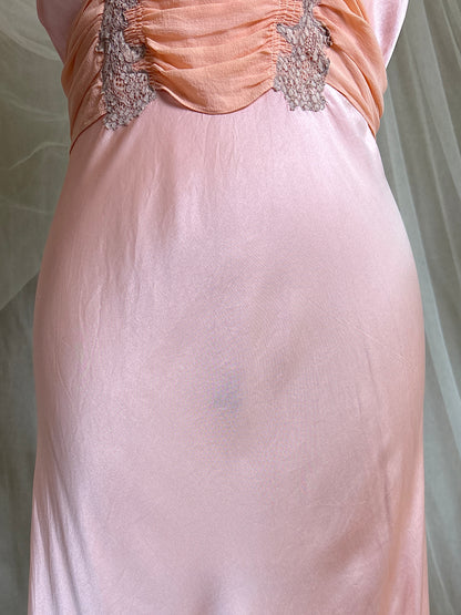 Vintage 1940's Nightgown - Rich Coral Pink Silk Satin with Chiffon Sash | S, M