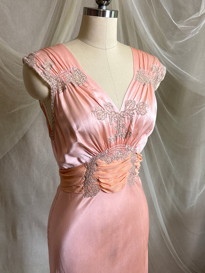 Vintage 1940's Nightgown - Rich Coral Pink Silk Satin with Chiffon Sash | S, M