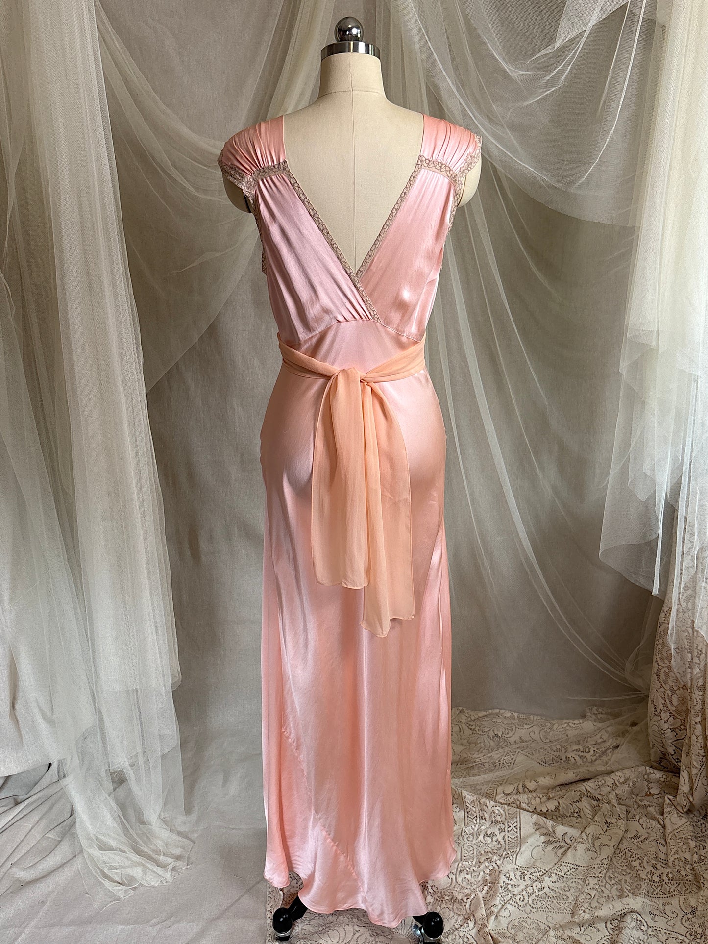 Vintage 1940's Nightgown - Rich Coral Pink Silk Satin with Chiffon Sash | S, M