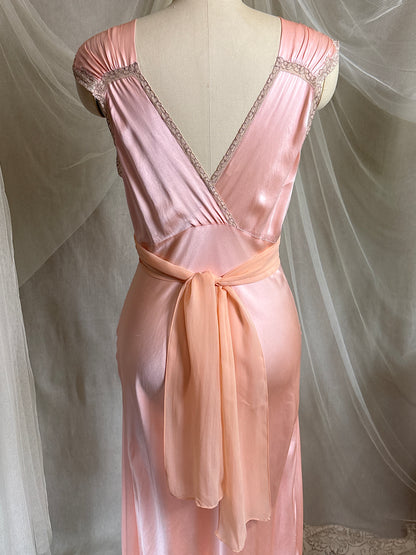 Vintage 1940's Nightgown - Rich Coral Pink Silk Satin with Chiffon Sash | S, M