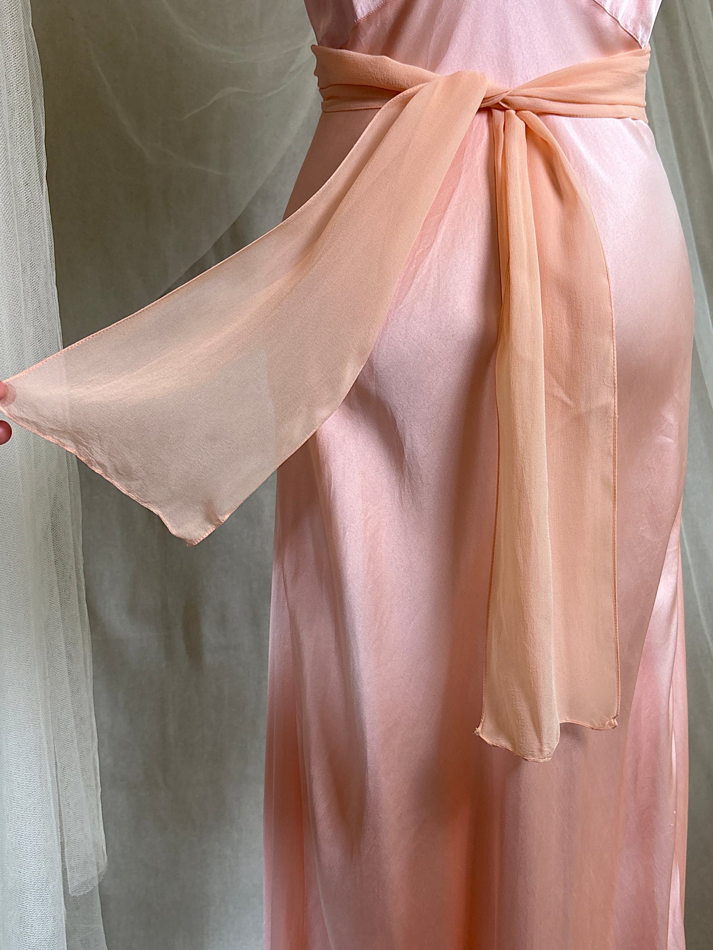 Vintage 1940's Nightgown - Rich Coral Pink Silk Satin with Chiffon Sash | S, M