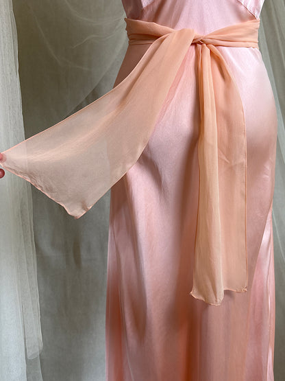 Vintage 1940's Nightgown - Rich Coral Pink Silk Satin with Chiffon Sash | S, M