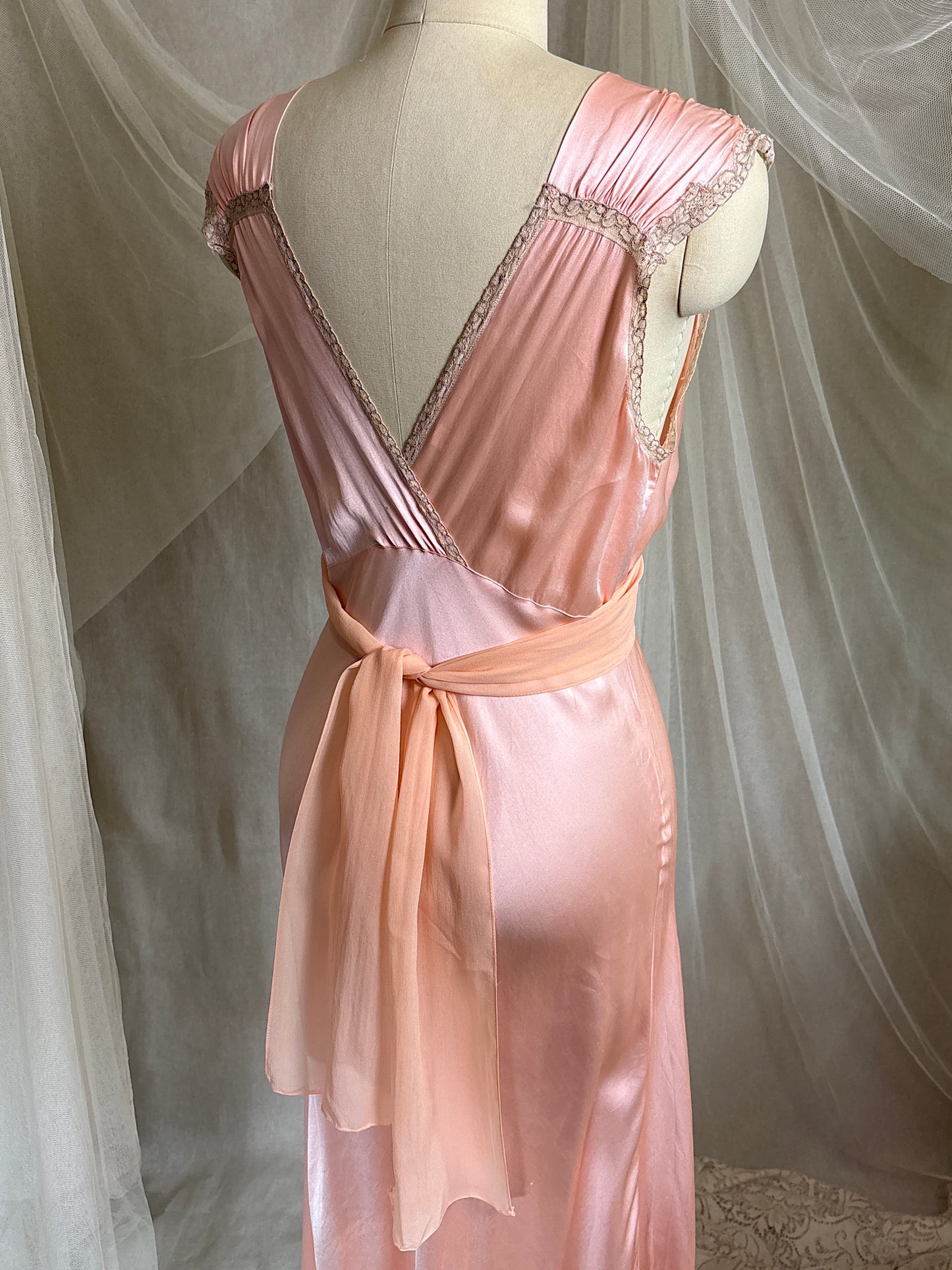 Vintage 1940's Nightgown - Rich Coral Pink Silk Satin with Chiffon Sash | S, M