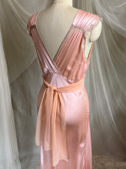 Vintage 1940's Nightgown - Rich Coral Pink Silk Satin with Chiffon Sash | S, M