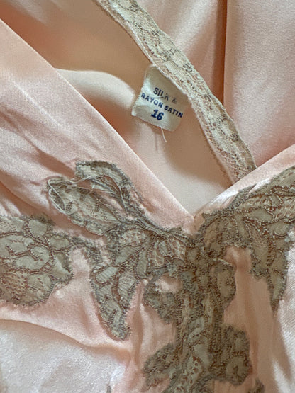 Vintage 1940's Nightgown - Rich Coral Pink Silk Satin with Chiffon Sash | S, M